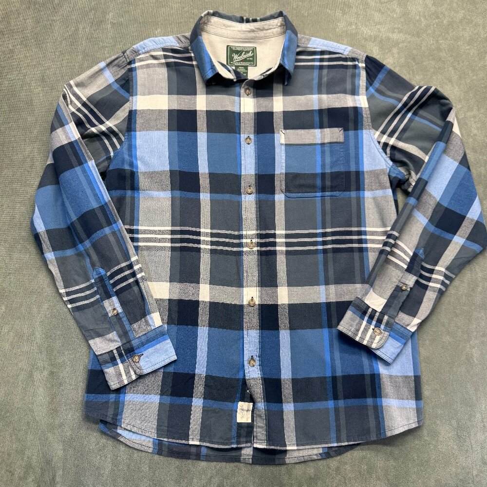 Woolrich Mens Large Plaid Button Down Shirt Blue Gray Lightweight Cotton Outdoor
